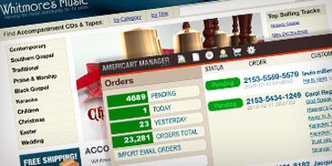 Screenshot of Whitmore's Music e-commerce store and back end UI